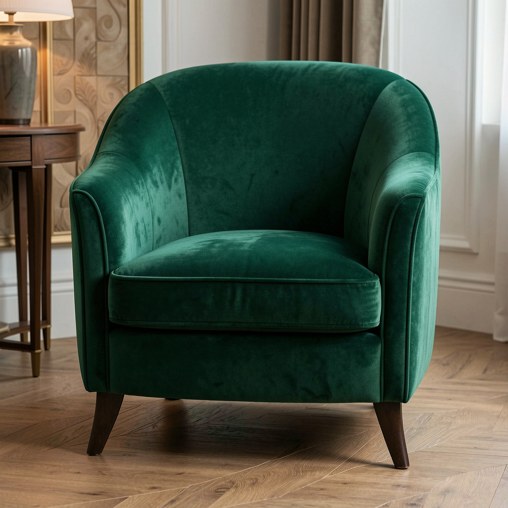 Luxurious velvet accent chair in emerald green